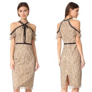 SHOSHANNA Nude Aleah Lace Cold Shoulder Dress 2 Beige Black Tie Bow